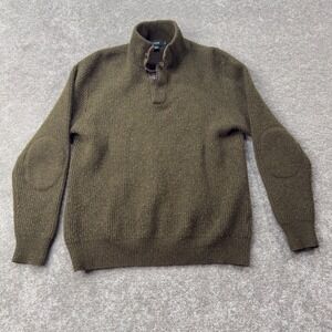 J Crew Sweater Mens Medium Olive Green Lambswool Mock Neck Elbow Patch Pullover
